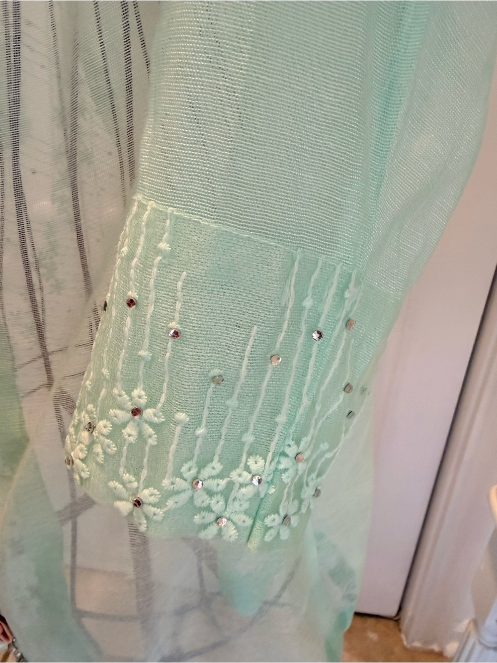 Cottage core Resort Wear VinageBrand Mint Sheer Floral Embellished Kimono Jacket - Picture 6 of 7